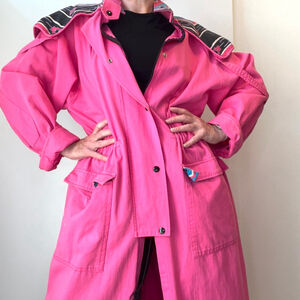 Vintage 80s Hot Pink Cotton Duster Coat Southwestern Aztec Print Yoke Canada